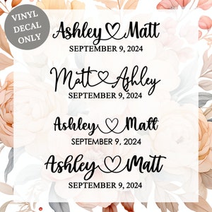 Décalcomanie en vinyle personnalisée de boîte de carte de mariage de noms de coeur de connexion, coeur avec les noms de couple, date personnalisée de nom de couple avec la décalcomanie de coeur