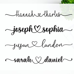 Connecting Heart Names Vinyl Decal, Custom Couples Name with Heart Decal, Personalized Heart Names Vinyl Decal, Husband Wife Names Decal