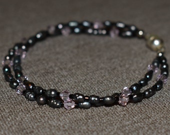 Grey Shell and Light Pink Swarovski Crystal Double Stranded Bracelet