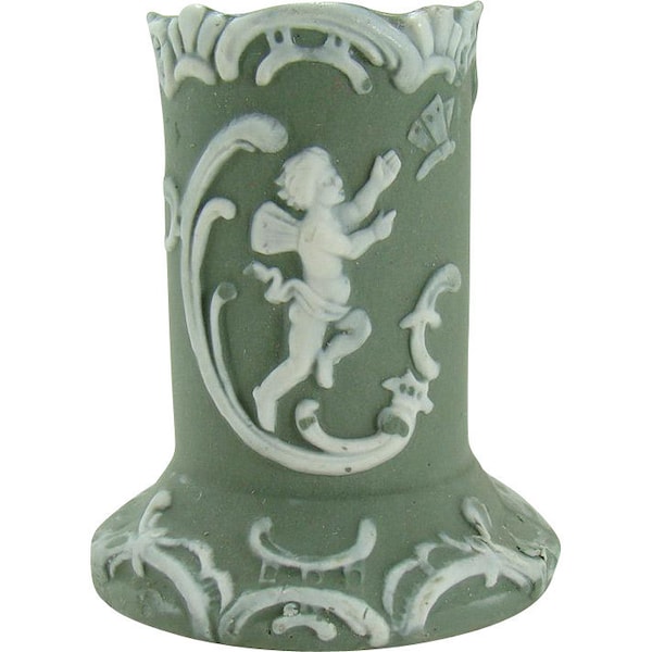 Green Jasperware Toothpick Holder with Angel Chasing Butterfly - 1920's