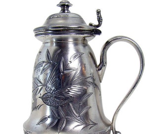 Silver Plated Syrup Pitcher with Engraved Bird - 1880's