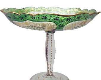 Cut Glass Compote, Green-cut-to-clear