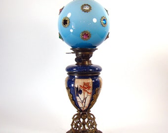 Bronze Porcelain Crown Derby Banquet Lamp with Jeweled Shade - 1880's