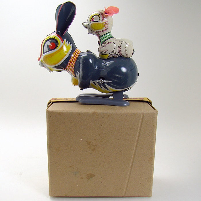 Tin Jumping Rabbit con baby Windup Toy Mint en caja Etsy