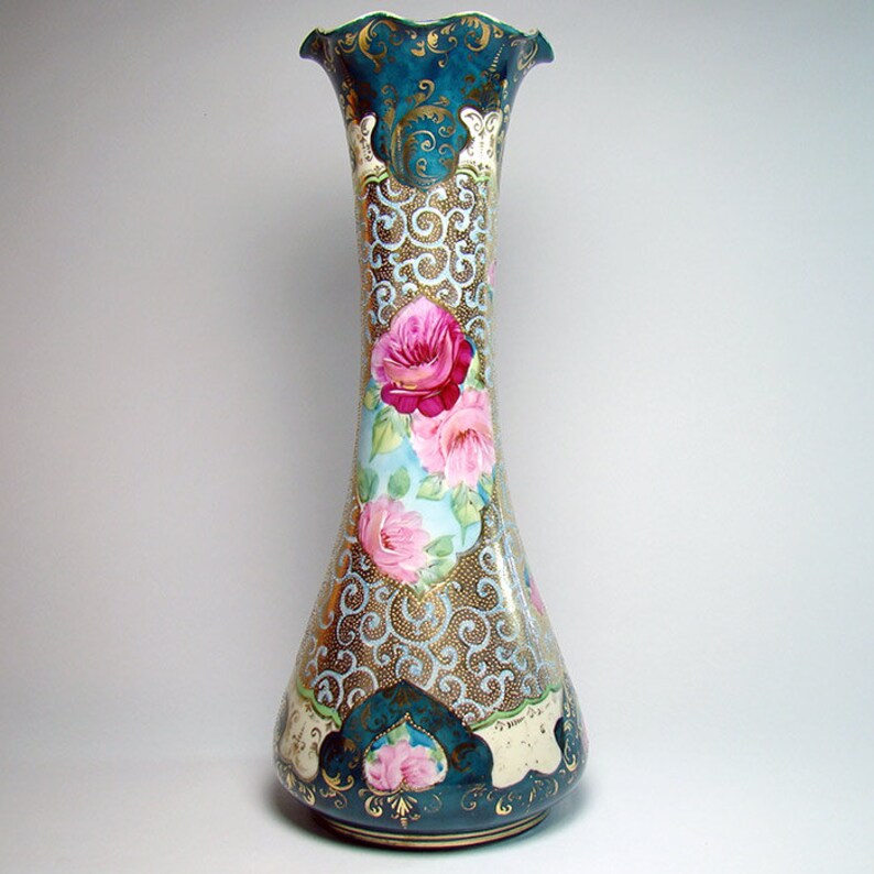 Large HandPainted Nippon Porcelain Vase with Bright Gold and Etsy