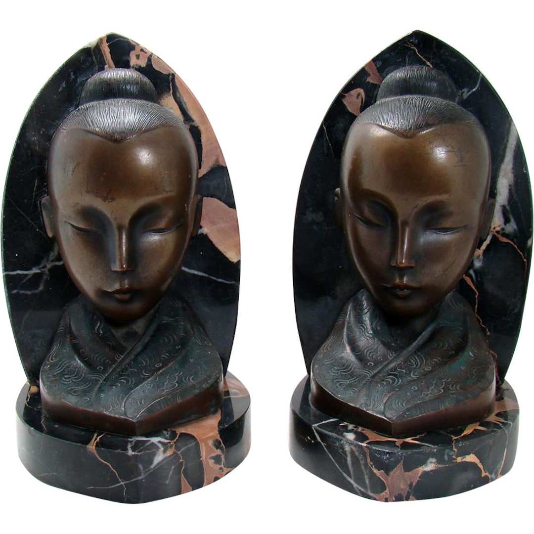 Bronze and Marble Asian Bookends - 1920's - Etsy