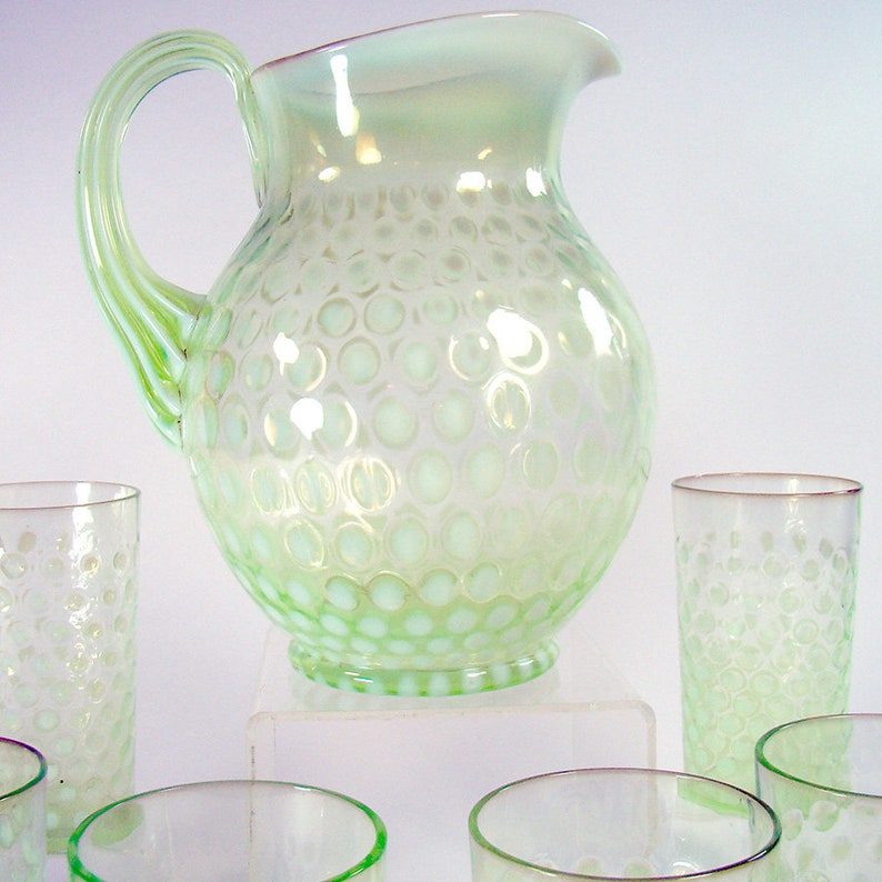 Vaseline Coinspot Opalescent Glass Pitcher With 8 Glasses Etsy