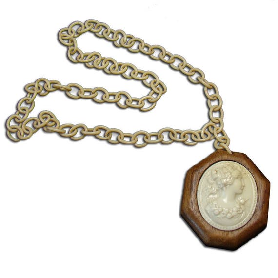 Large Celluloid and Wood Necklace Cameo - 1940's