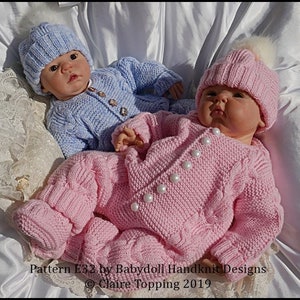 Knitting Pattern Cosy Cabled All-in-one set 16-22 inch doll/preemie/ 0-3m+ baby