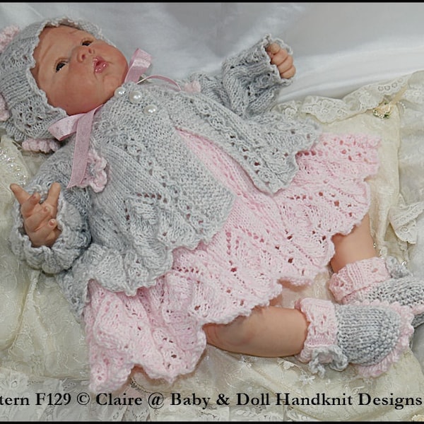 Knitting Pattern Lacy panelled Dress and Jacket Set 16-22” doll/preemie-3m+ baby