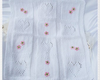 Knitting pattern Heart Motif Pram Blankets in two sizes