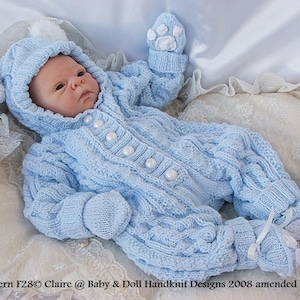 Knitting Pattern F28 Cabled All-in-one with bunny/teddy ears to fit 16-22" doll/0-3m+ baby