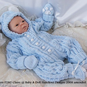 Knitting Pattern F28 Cabled All-in-one with bunny/teddy ears to fit 16-22" doll/0-3m+ baby