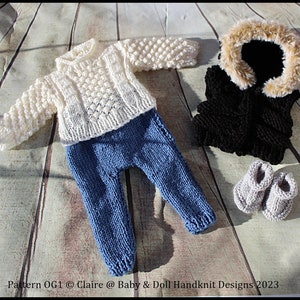 Knitting Pattern OG1 Jeggings, Sweater, Bodywarmer & Boots to fit 18 inch Fashion Doll