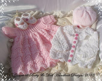 Knitting Pattern F95 Lacy Fan and Feather Dress Set to fit doll 16-22" or baby preemie-3m+