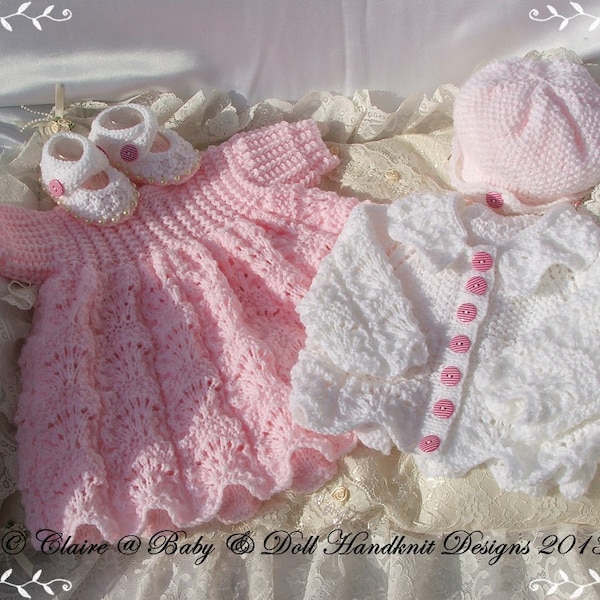 Knitting Pattern F95 Lacy Fan and Feather Dress Set to fit doll 16-22" or baby preemie-3m+