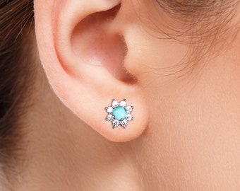 Genuine turquoise stud earring, natural gemstone earring, cute CZ stud earring, diamond earring, dainty flower earring, birthday stone stud