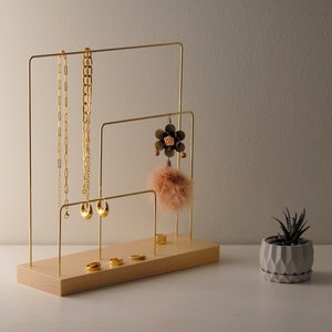 Large Asymmetrical Brass and Wood Jewelry Stand Jewelry Organizer