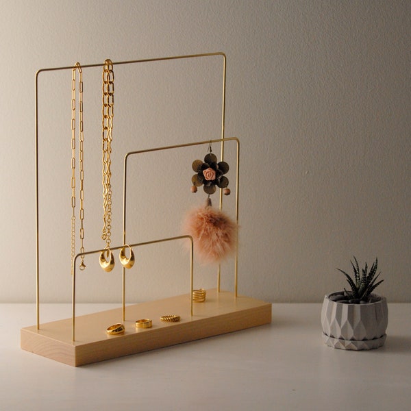 Large asymmetrical brass and wood jewelry stand, Jewelry organizer, necklace holder, home decor, wood display stand, personalized gift