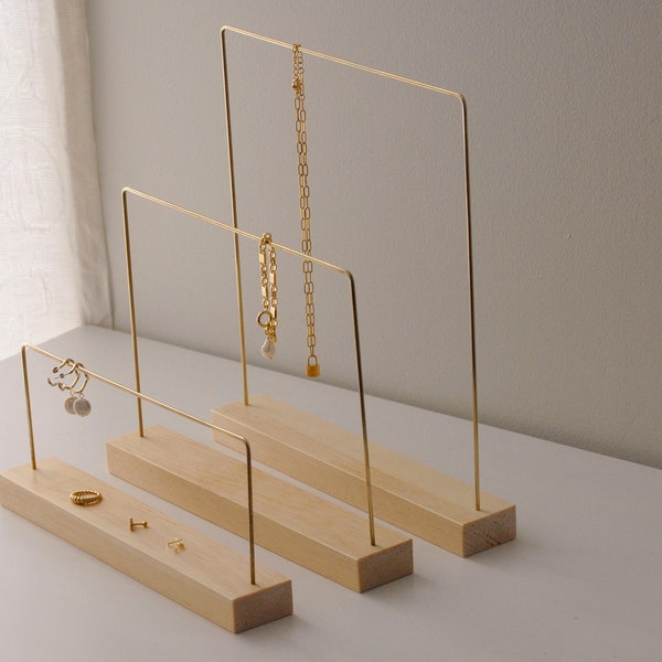 Slim brass and wood jewelry stand, Jewelry holder organizer, modern minimalist necklace earring storage display, brass and wood display