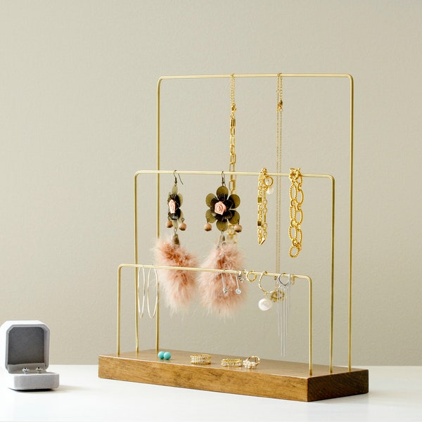 Large brass and wood jewelry stand, Jewelry holder organizer, modern minimalist necklace earring storage display, brass display stand