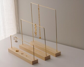 Slim brass and wood jewelry stand, Jewelry holder organizer, modern minimalist necklace earring storage display, brass and wood display