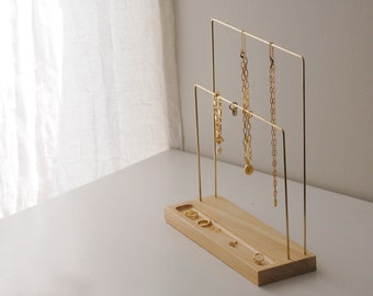 Large brass jewelry stand with ring tray, walnut, pine, maple jewelry stand, Jewelry organizer, modern minimalist necklace earring storage