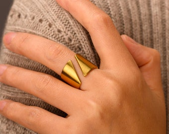 Anillo de oro ancho, banda de oro gruesa, anillo grueso, anillo de declaración, anillo grueso, anillo de moda, anillo de acabado de cepillo, regalo para ella, anillo envolvente