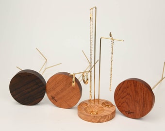 Exotic wood and brass jewelry stand with ring dishes, LUNA collection, handmade unique gift, ziricote, sapele, olive, bubinga wood