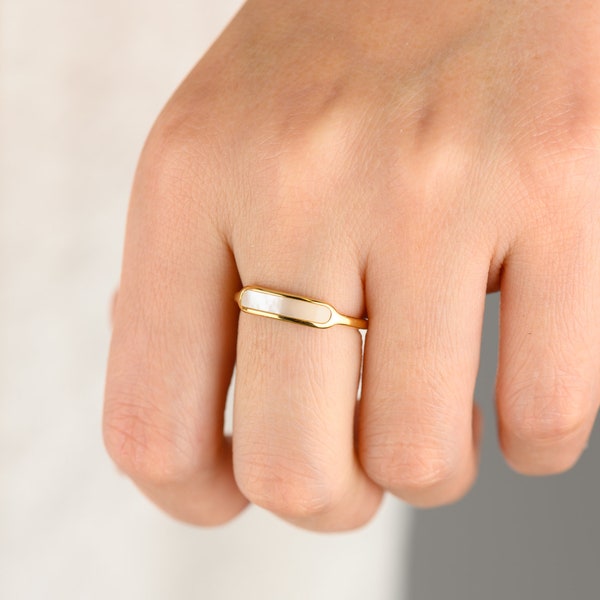 Skinny mother-of-pearl ring, stackable thin ring, skinny band, minimalism dainty CZ ring, everyday ring, gold band