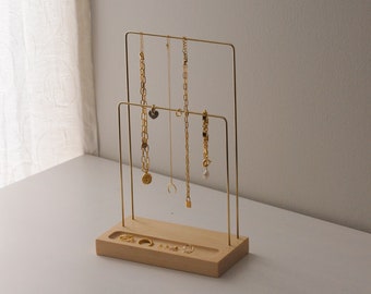 Soporte compacto de joyería de madera y latón con plato de anillo, nogal, pino, soporte de joyería de arce, organizador de joyas, percha de collar, almacenamiento de anillos