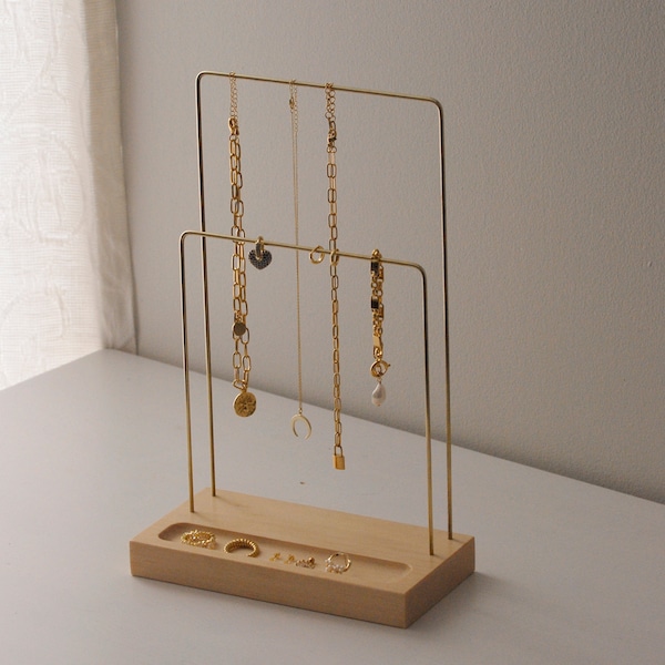 Compact wood and brass jewelry stand with ring dish, walnut, pine, maple jewelry stand, Jewelry organizer, necklace hanger, ring storage