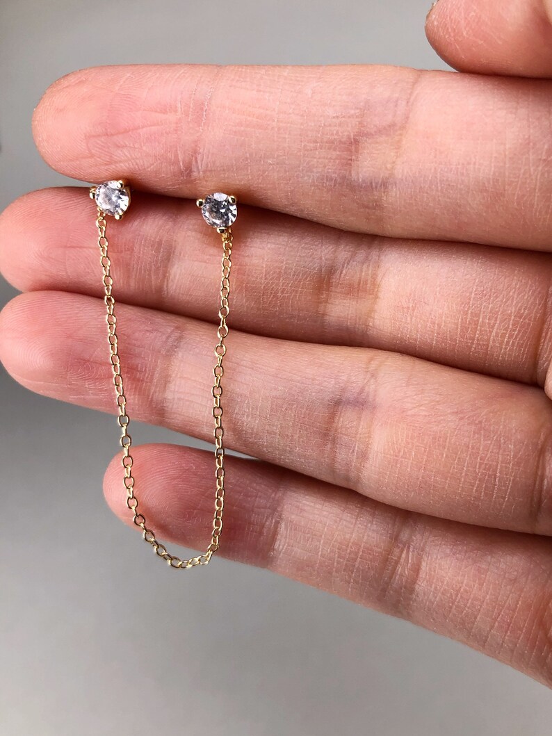 Dangling chain studs cute earring dainty earring minimalism dangling earring 3-prongs cz double studs small stud earring