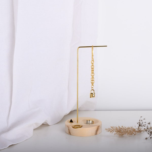 Minimalist wood and brass jewelry stand with ring dishes, ring necklace storage,  jewelry holder, jewelry tree, earring rack, LUNA