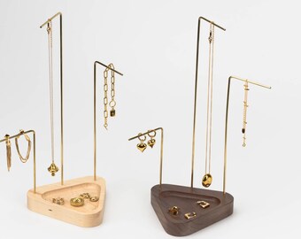 Triangle wood brass jewelry stand, necklace rack with ring dish, minimalist jewelry storage, walnut maple organizer, personalizable gift