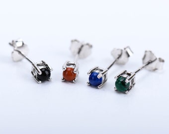 Tiny 3mm genuine gemstone stud, tiny red agate, black agate, malachite, lapis lazuli earring, second hole earring, classic 4 prong studs