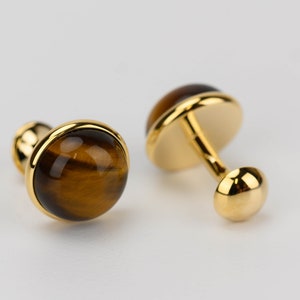 Minimalist round tiger's eye cufflink, handmade natural stone cufflink, gold dome groom cufflink, wedding cufflink, bestmen cufflink