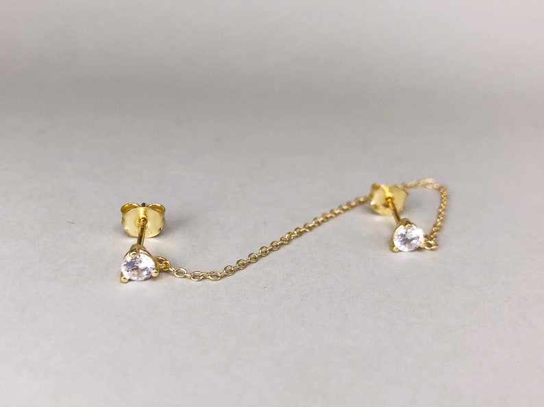 Dangling chain studs cute earring dainty earring minimalism dangling earring 3-prongs cz double studs small stud earring