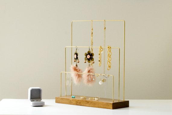 Large Brass and Wood Jewelry Stand Jewelry Holder Organizer