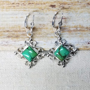 Sterling silver genuine square cut Truquoise fancy lever back earrings
