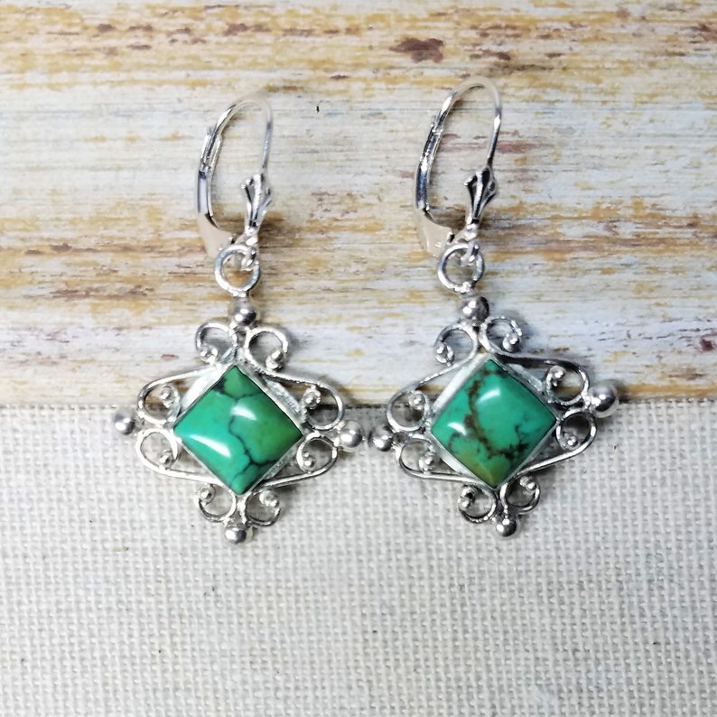 Sterling silver genuine square cut Truquoise fancy lever back earrings