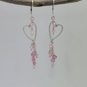 Sterling silver Tourmaline and Rose Quartz, Heart dangle Lever back earrings.
