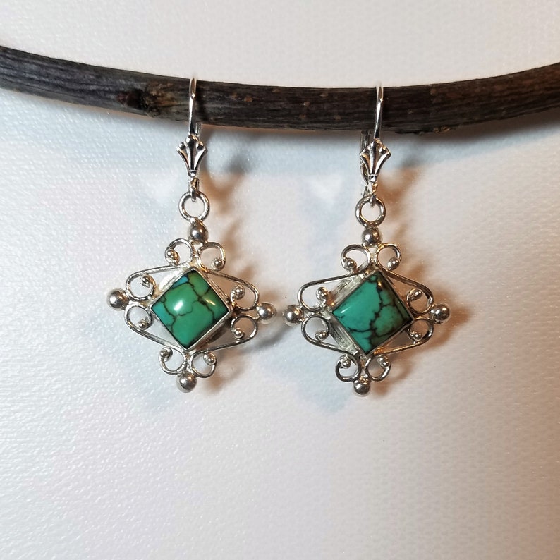 Sterling silver genuine square cut Truquoise fancy lever back earrings