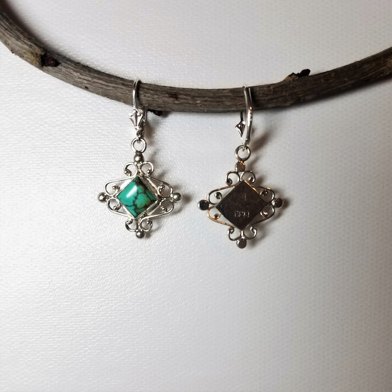 Sterling silver genuine square cut Truquoise fancy lever back earrings