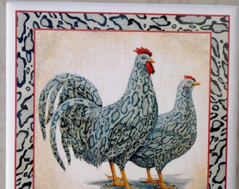 Rooster chickens gray farm animal Ceramic Tile border accent backsplash serving tray