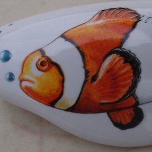 May include: A hand-painted rock with a detailed image of an orange and white clownfish. The fish is swimming with its mouth open and has a black eye. The rock is white with a smooth surface.