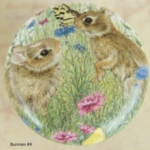 May include: Round decorative item featuring two brown bunnies in a grassy field with pink and blue flowers and a yellow butterfly. The text "Bunnies #4" is at the bottom.