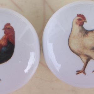 May include: Two ceramic knobs with a white background and a rooster and a hen printed on them. The rooster is black and red with a red comb and wattle. The hen is white with a red comb and wattle.