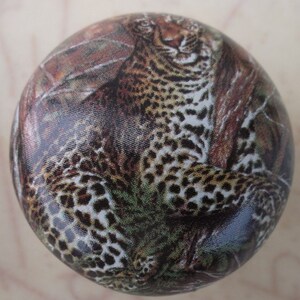 May include: A round decorative knob featuring a detailed leopard print design. The knob's surface displays a leopard amidst a backdrop of brown and green foliage, creating a camouflage effect. The design is printed on a smooth, rounded surface.