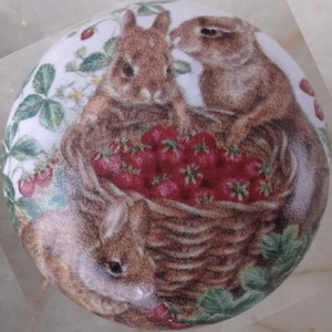 May include: A round decorative object featuring a charming illustration of three brown rabbits gathered around a basket overflowing with ripe red strawberries. The background includes strawberry plants with green leaves and white flowers.